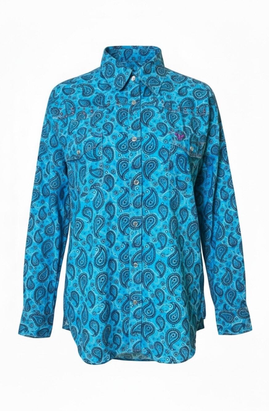 Cowgirl Hardware Large Blue Paisley Rhinestone Snap Embroidered Western Shirt